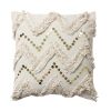 DunaWest 18 x 18 Cotton Pillow with Fringe and Sequin Chevron Details, Beige