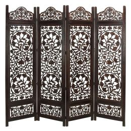 Handcrafted Wooden 4 Panel Room Divider Screen Featuring Lotus Pattern-Reversible