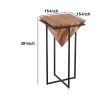 30 Inch Pyramid Shape Wooden Side Table With Cross Metal Base, Brown and Black