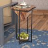 30 Inch Pyramid Shape Wooden Side Table With Cross Metal Base, Brown and Black