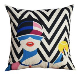 Multicolor Living Room Bedroom Sofa Pillow, Striped Bottom And Cartoon Woman
