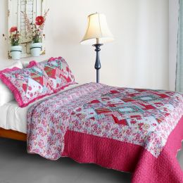 [Rose Garden] Cotton 3PC Vermicelli-Quilted Printed Quilt Set (Full/Queen Size)
