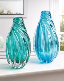 Ocean Aqua Spiral Art Glass Vase