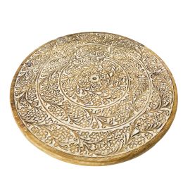 DunaWest Round Mango Wood Decorative Carved Turntable Lazy Susan with Filigree Engraving, Brown