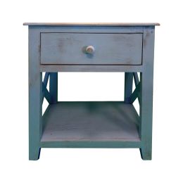DunaWest 24 Inch Wooden 1 Drawer SideEnd Table with Cross Sides and Open Bottom Shelf shelf, Blue