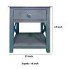 DunaWest 24 Inch Wooden 1 Drawer SideEnd Table with Cross Sides and Open Bottom Shelf shelf, Blue