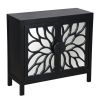 DunaWest 32 Inch Rustic Accent Storage Cabinet with Flower Design Mirrored Front, Black
