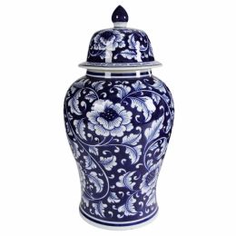 Floral Design Ginger Jar with Lid, Blue and White